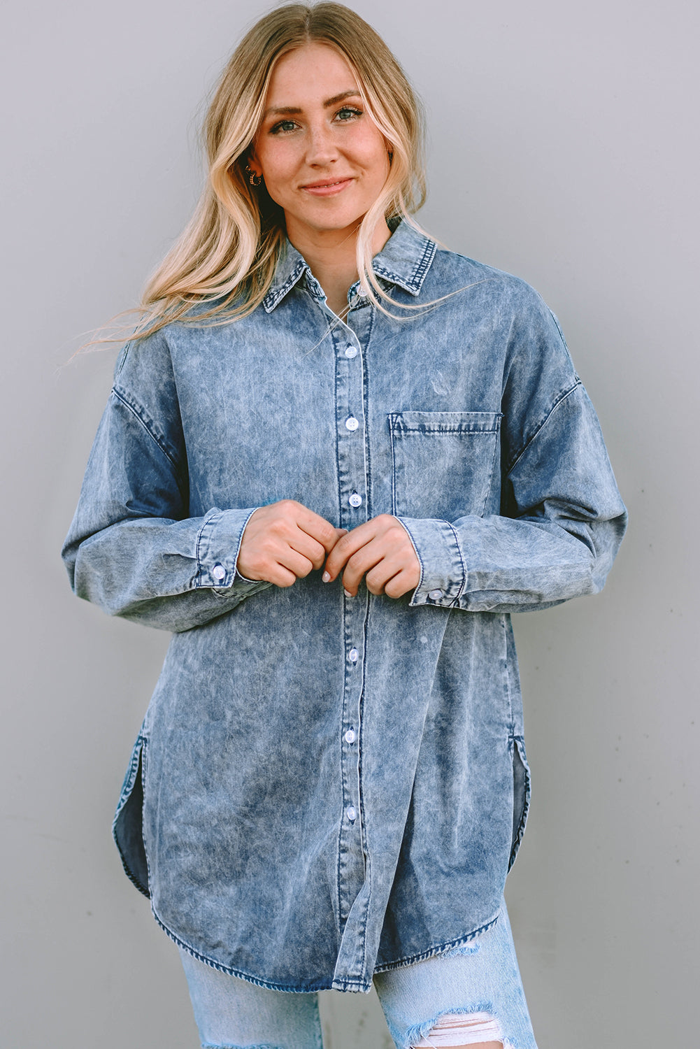 Pocket Short Sleeve Denim Slit Shirt Dress