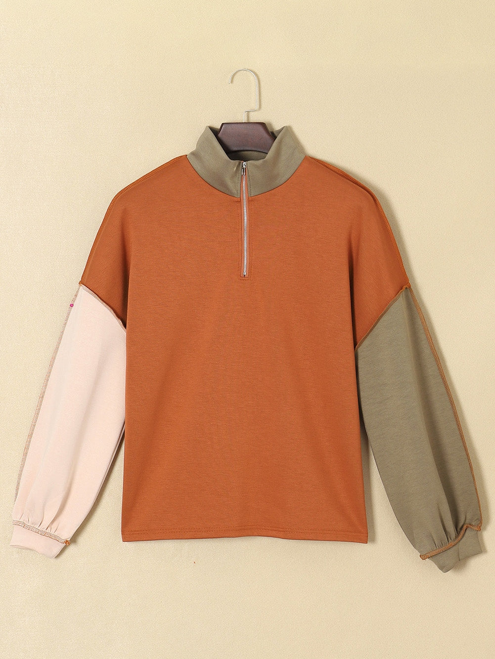 Khaki Zippered V-Neck Color Block Sweatshirt