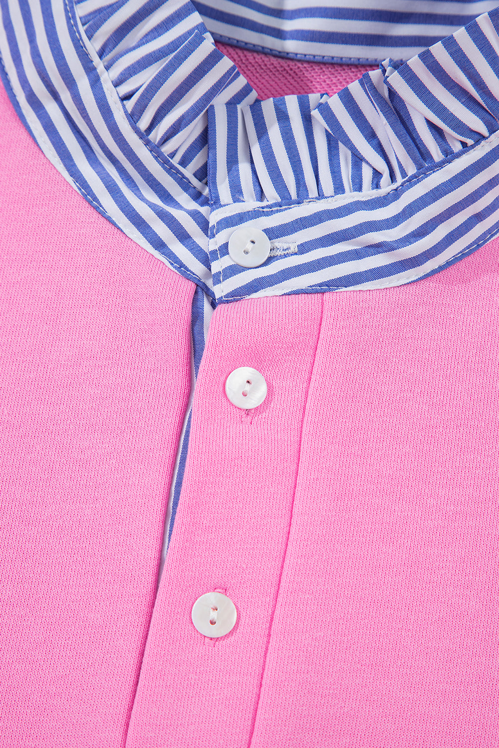 Pink Contrast Striped Collar Patchwork Puff Sleeve Ruffle Hem Mini Dress