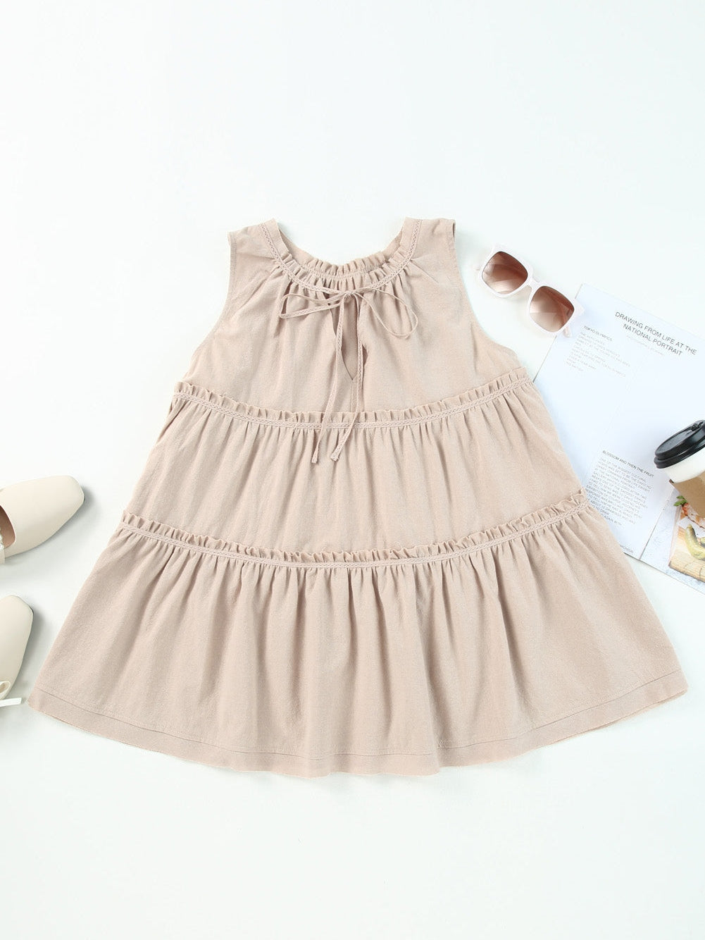 Khaki V-Neck Ruffle Tier Tank Top