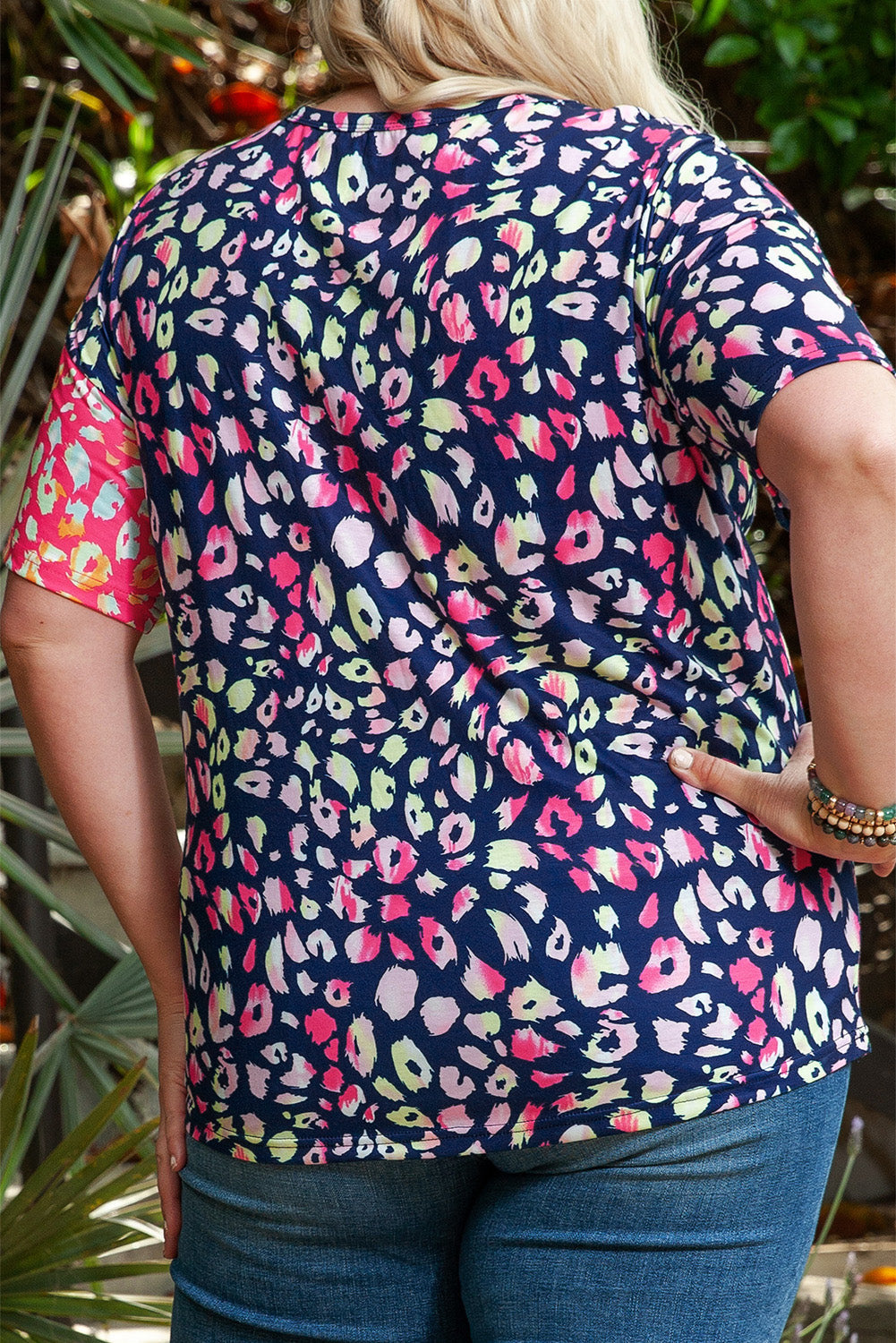 Leopard Patchwork Crew Neck Plus Size Tee