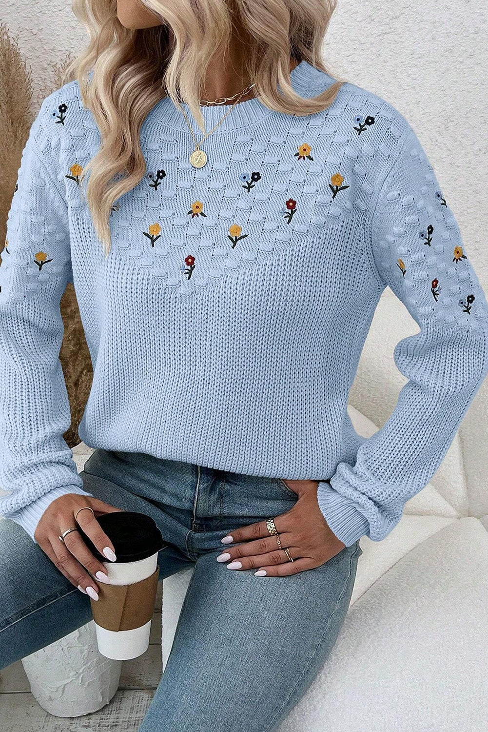Beau Blue Mixed Texture Knit Flower Embroidered Detail Casual Sweater