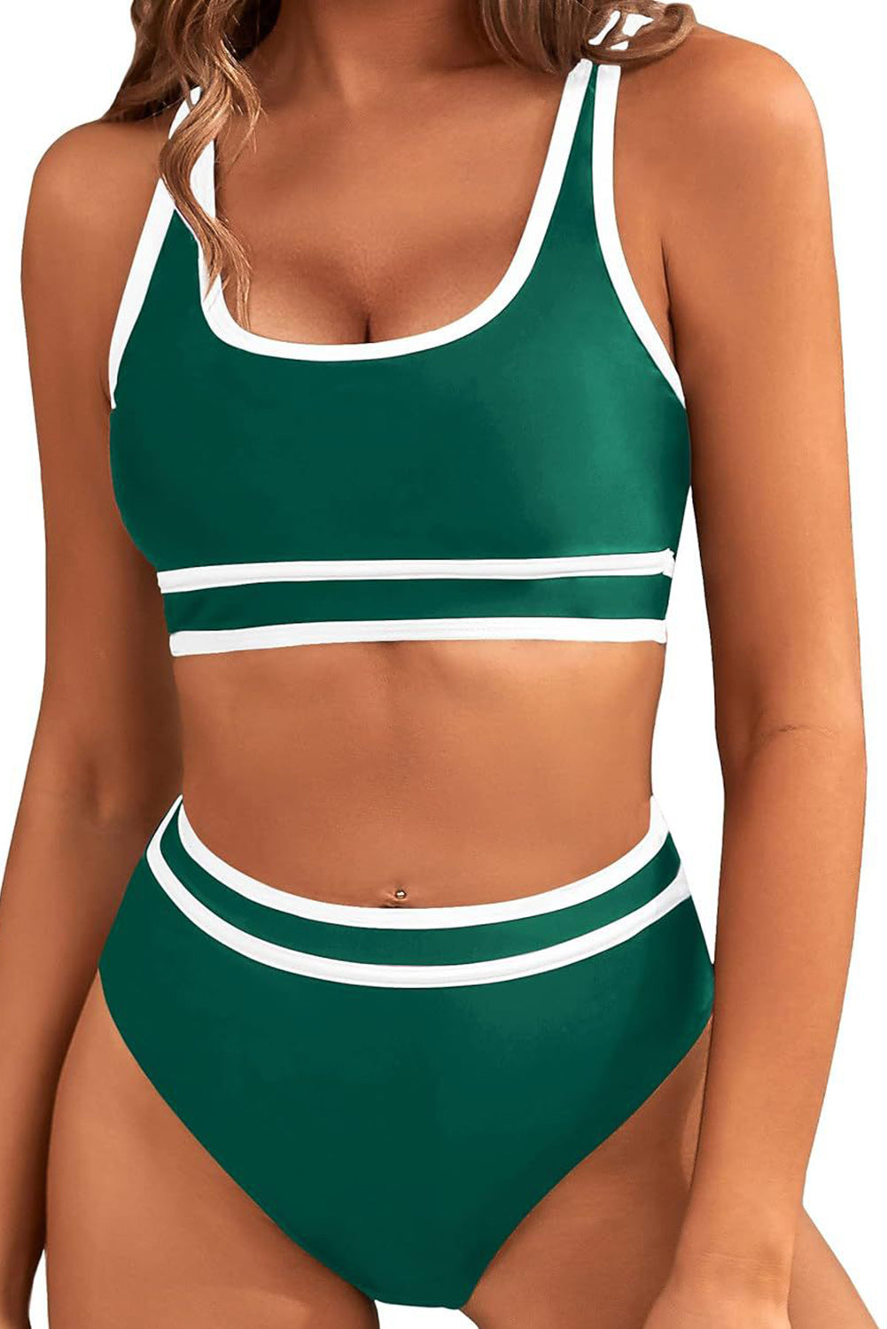 Elegant Dark Green High Waist Bikini with Contrast Trim