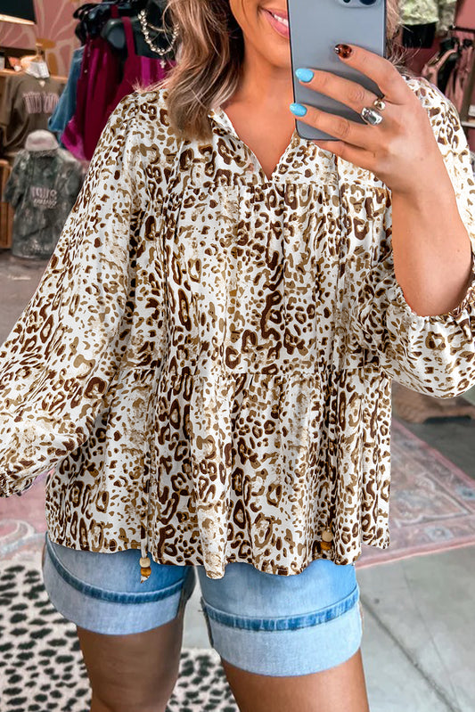 Khaki Leopard Print Long Sleeve Bead Tie V Neck Blouse