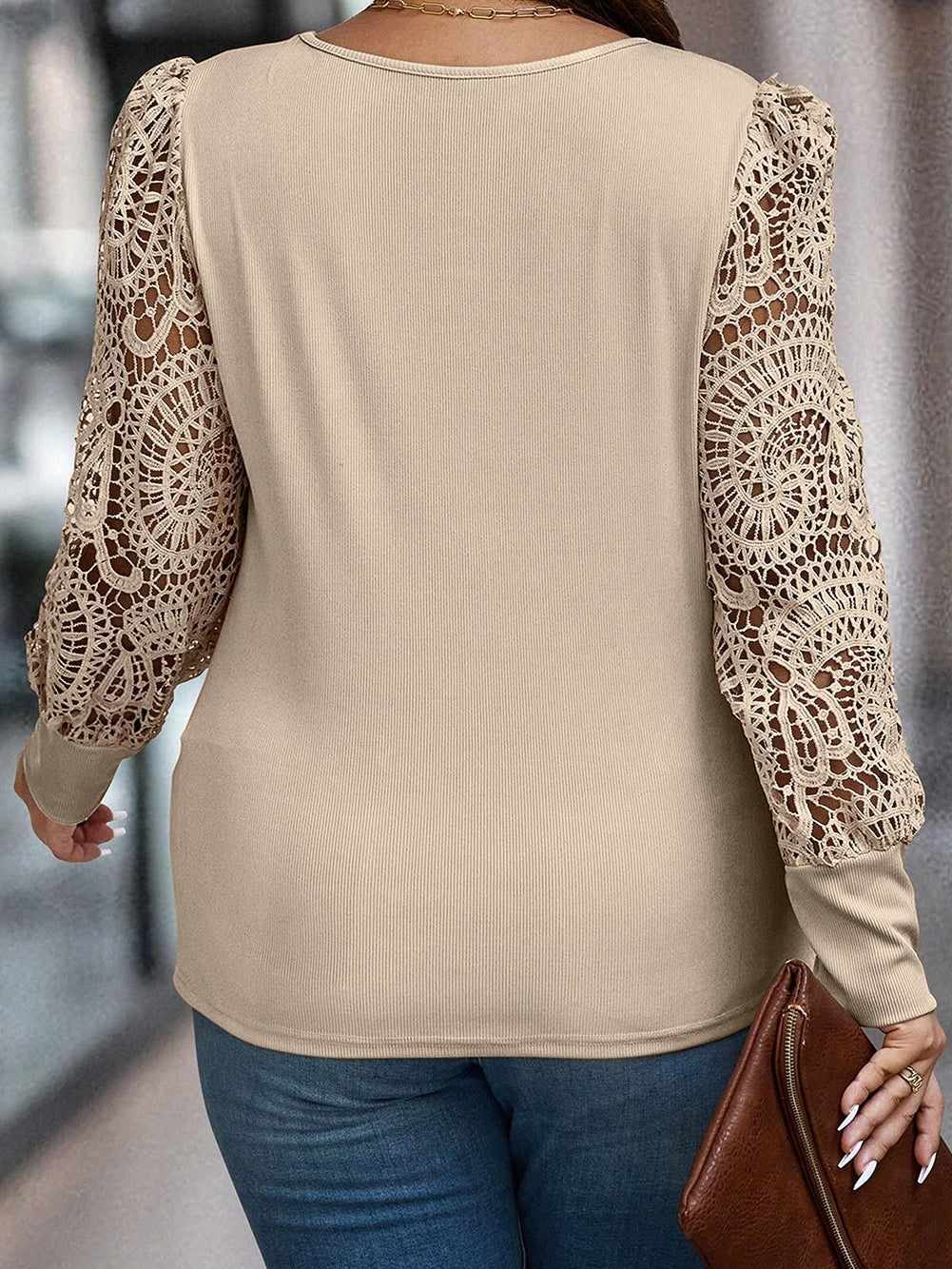 Lace Sleeve Ribbed Pullover with Square Neck