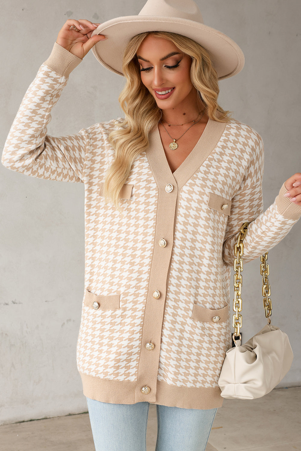 Khaki Contrast Edge Metal Button Slim Cardigan with Pockets