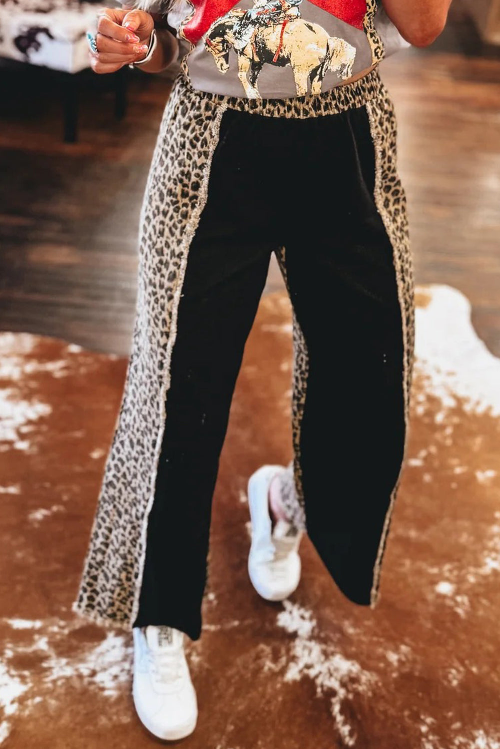 Black Frayed Seam Leopard Patchwork Wide Leg Jeans