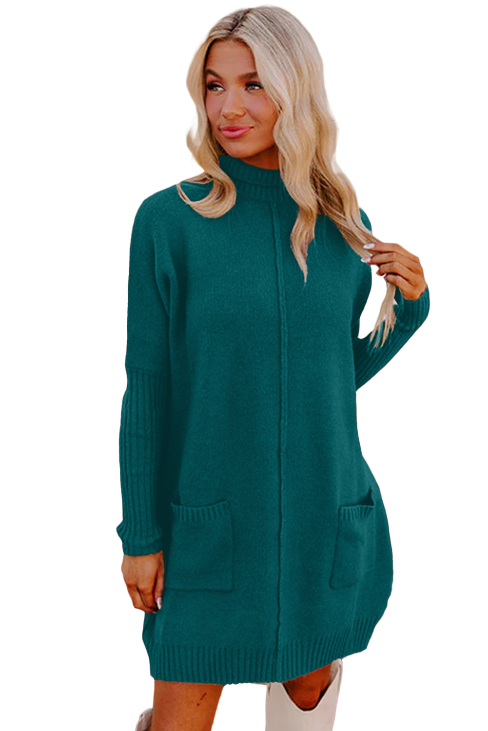 Skobeloff Ribbed High Neck Front Pockets Center Seam Shift Sweater Dress