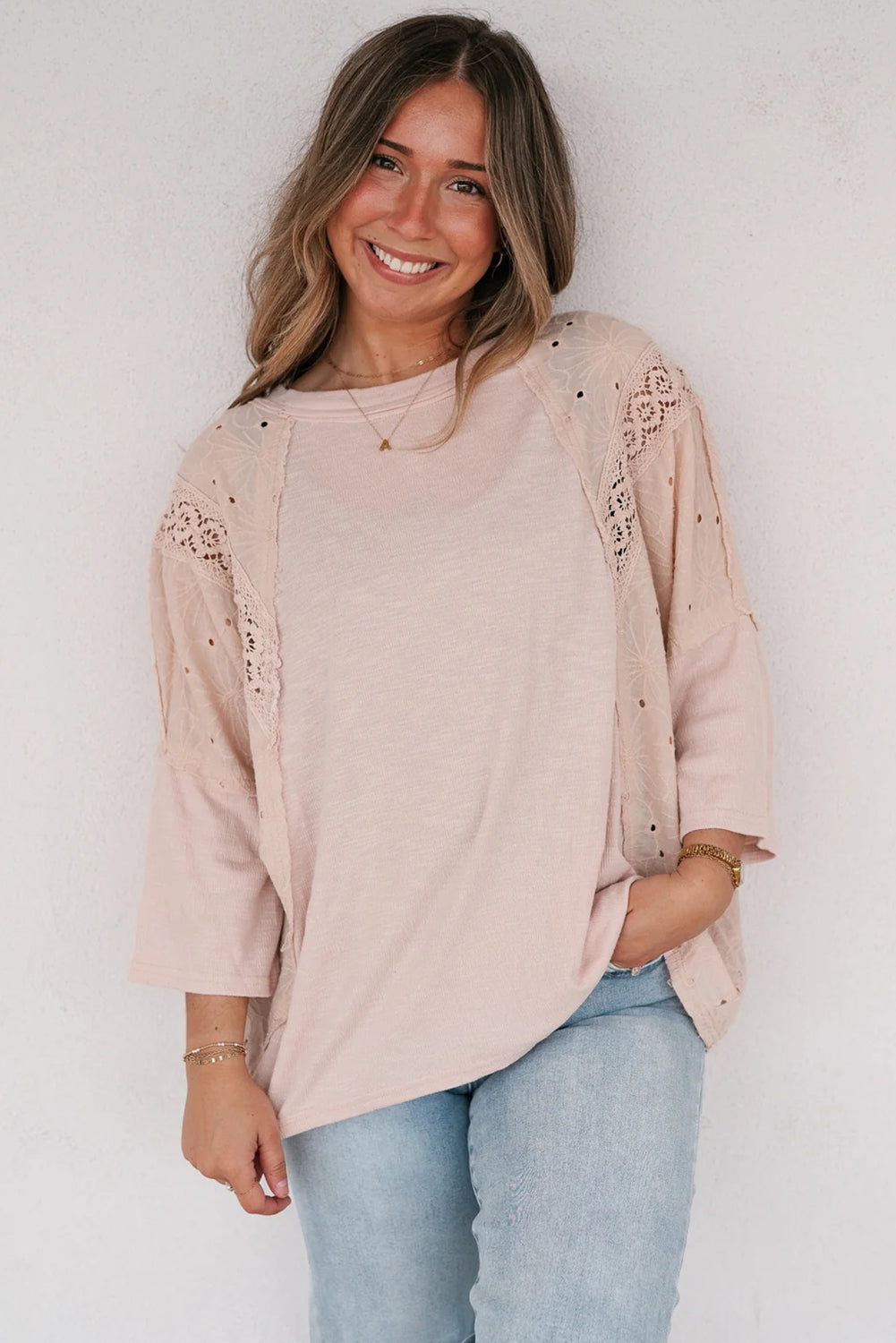 Apricot Pink Floral Lace Eyelet Patchwork Bracelet Sleeve T Shirt