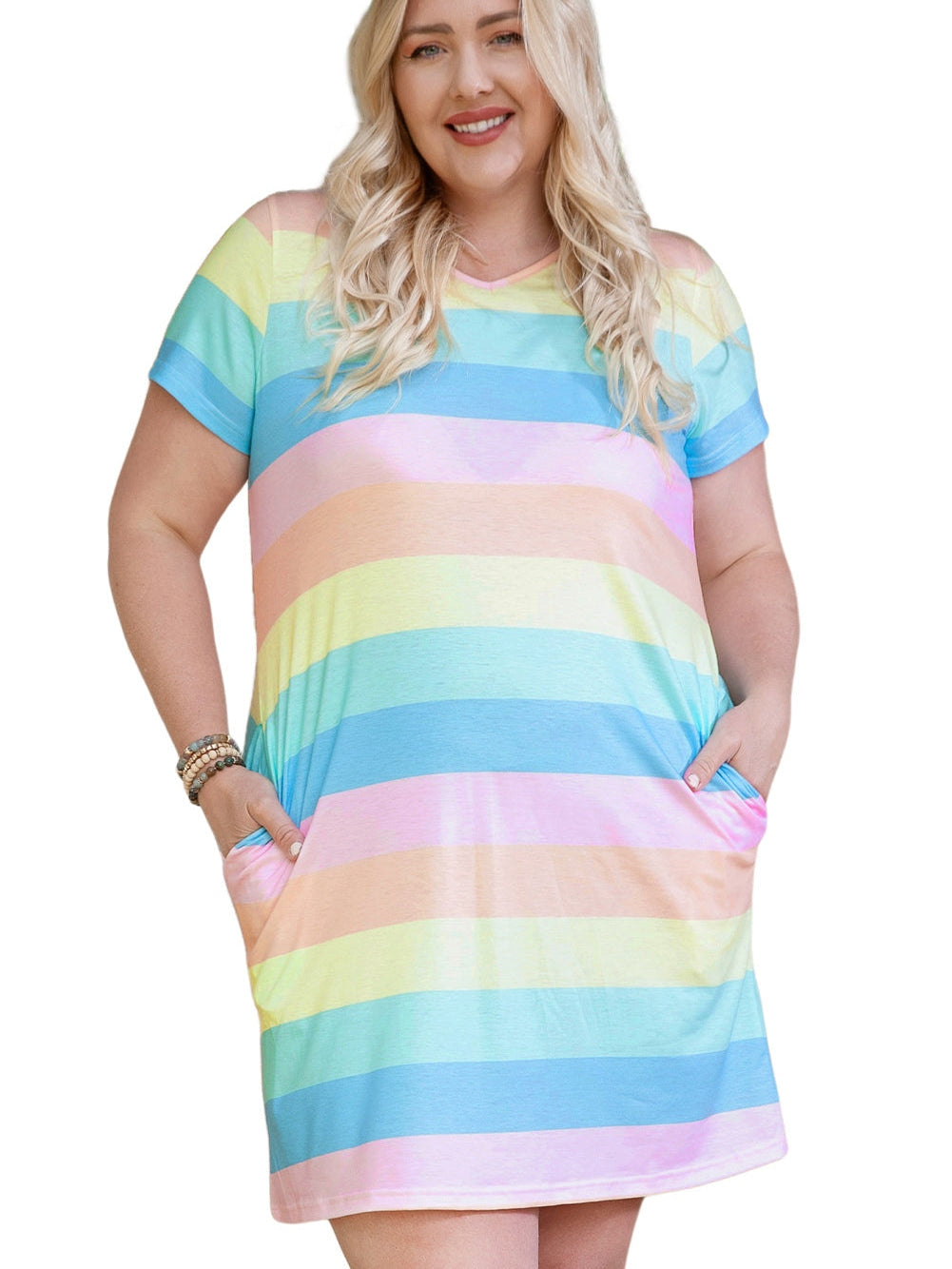 Multicolor Colorblock Pocketed V Neck T-shirt Dress