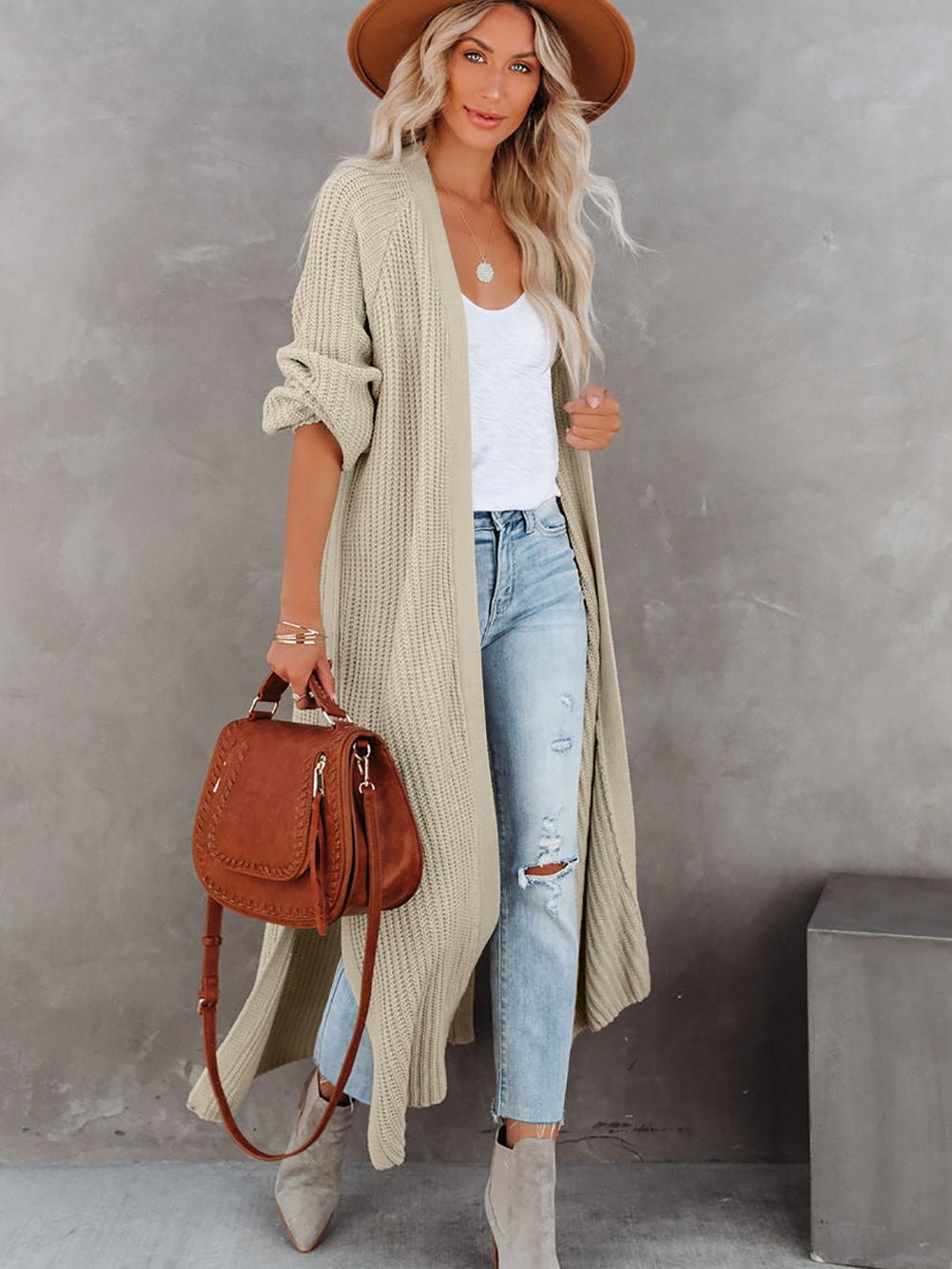 Solid Pocket Slit Long Sweater Cardigan