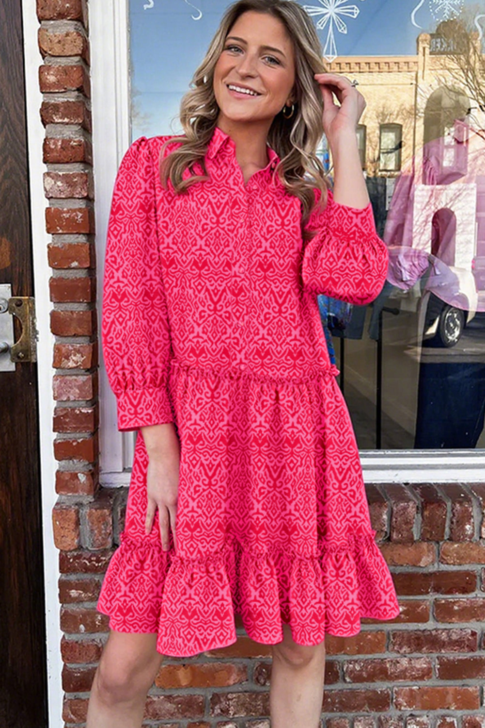 Pink Bohemian Print Shirt Collar Long Sleeve Frilled Ruffle Hem Mini Dress