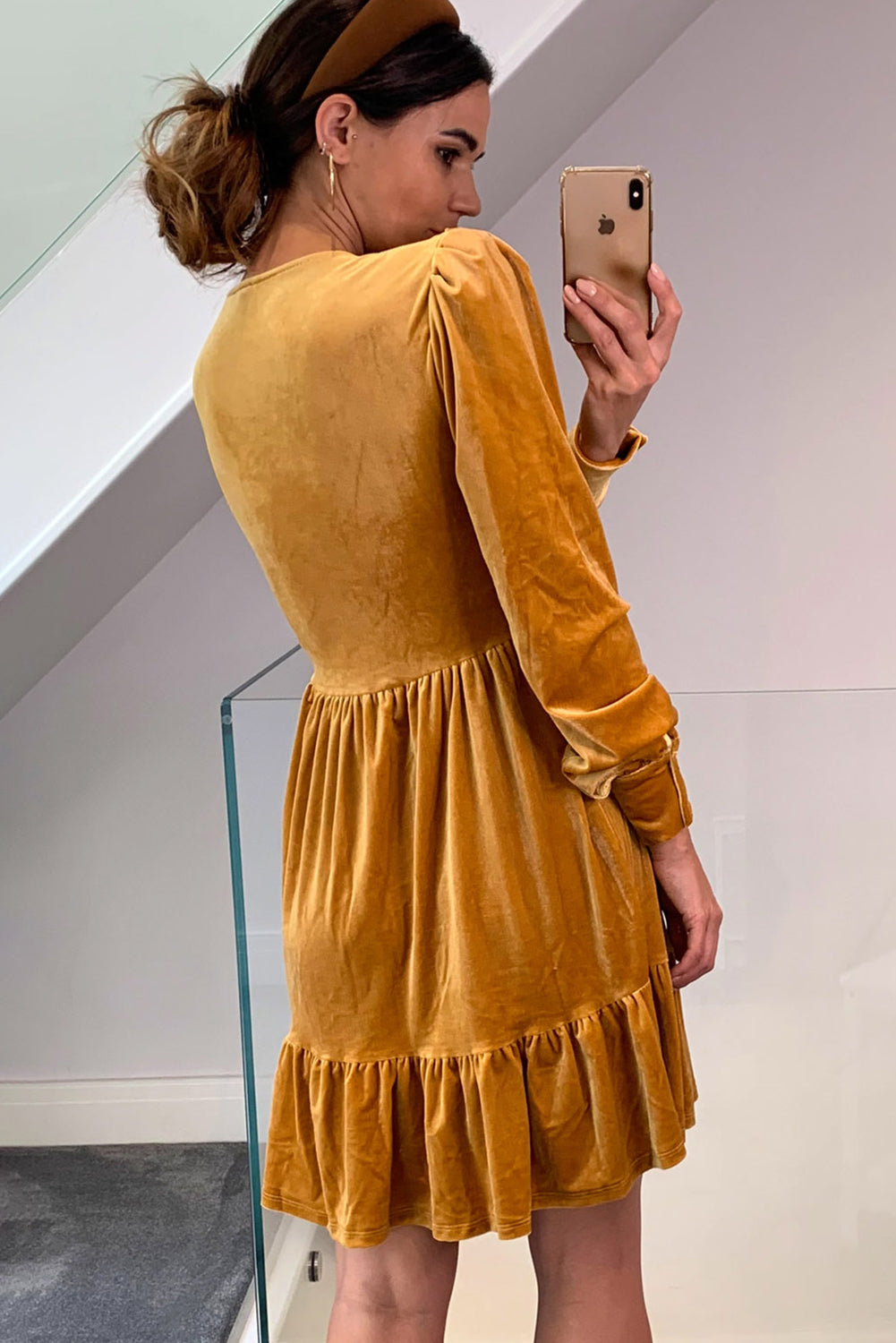 Golden Apricot Velvet Long Sleeve V Neck High Waist Ruffled Mini Dress