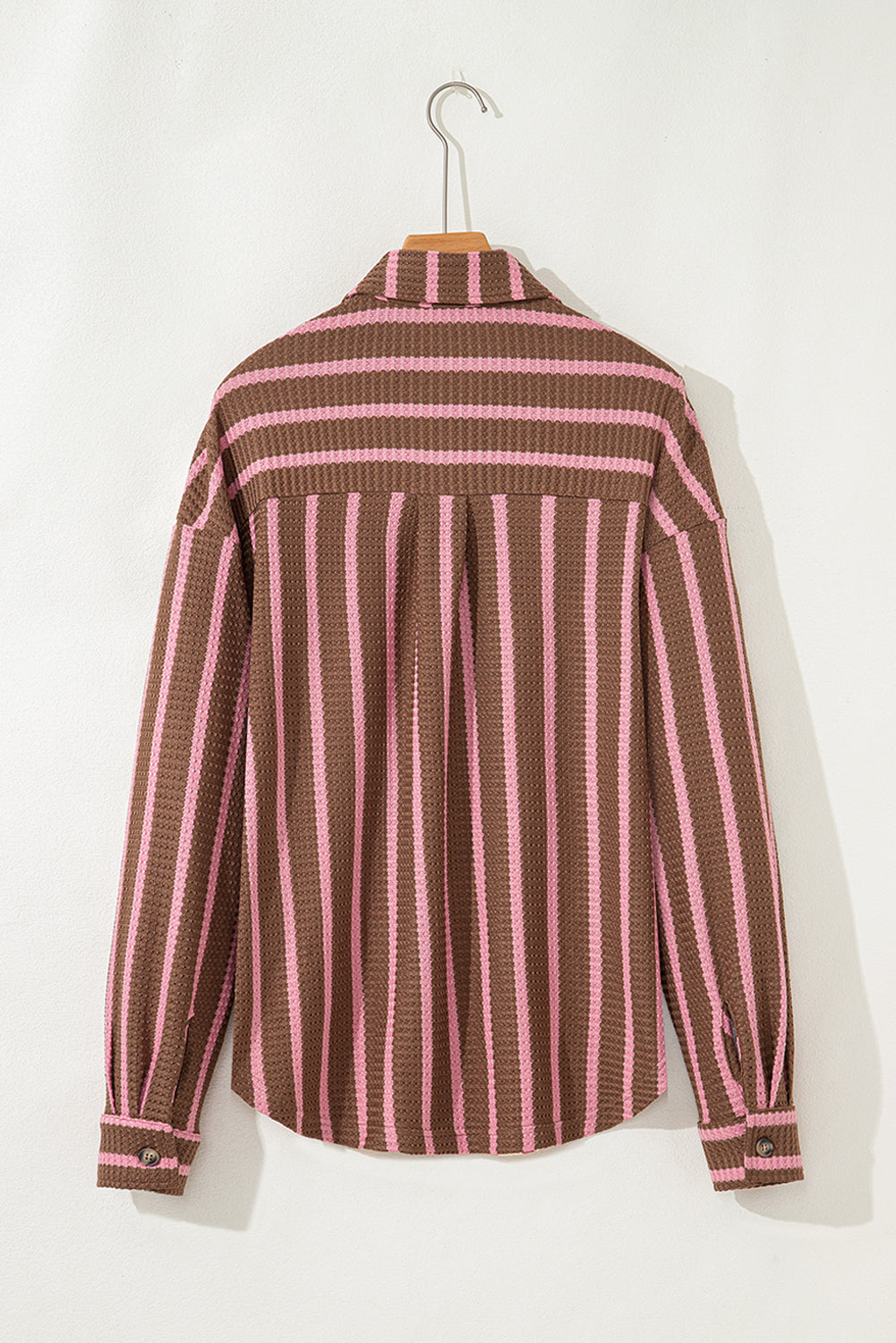 Multicolour Striped Knit Contrast Patchwork Button Flap Pocket Raw Hem Shacket
