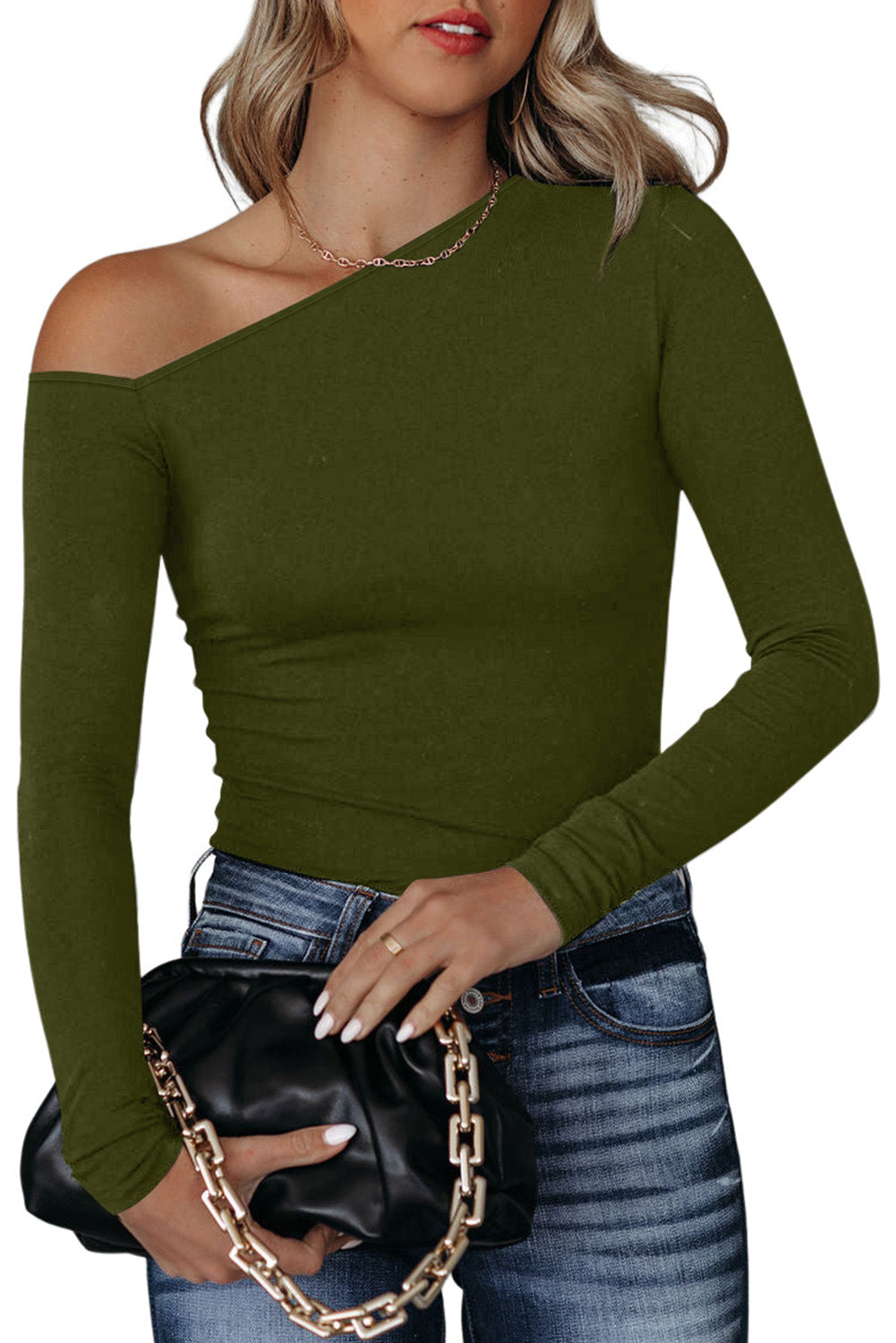 Green One-Shoulder Long Sleeve Knit Top for Chic Styling