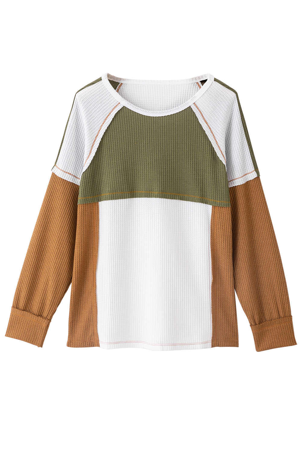 Green Block Patchwork Long Sleeve Waffle Knit Top