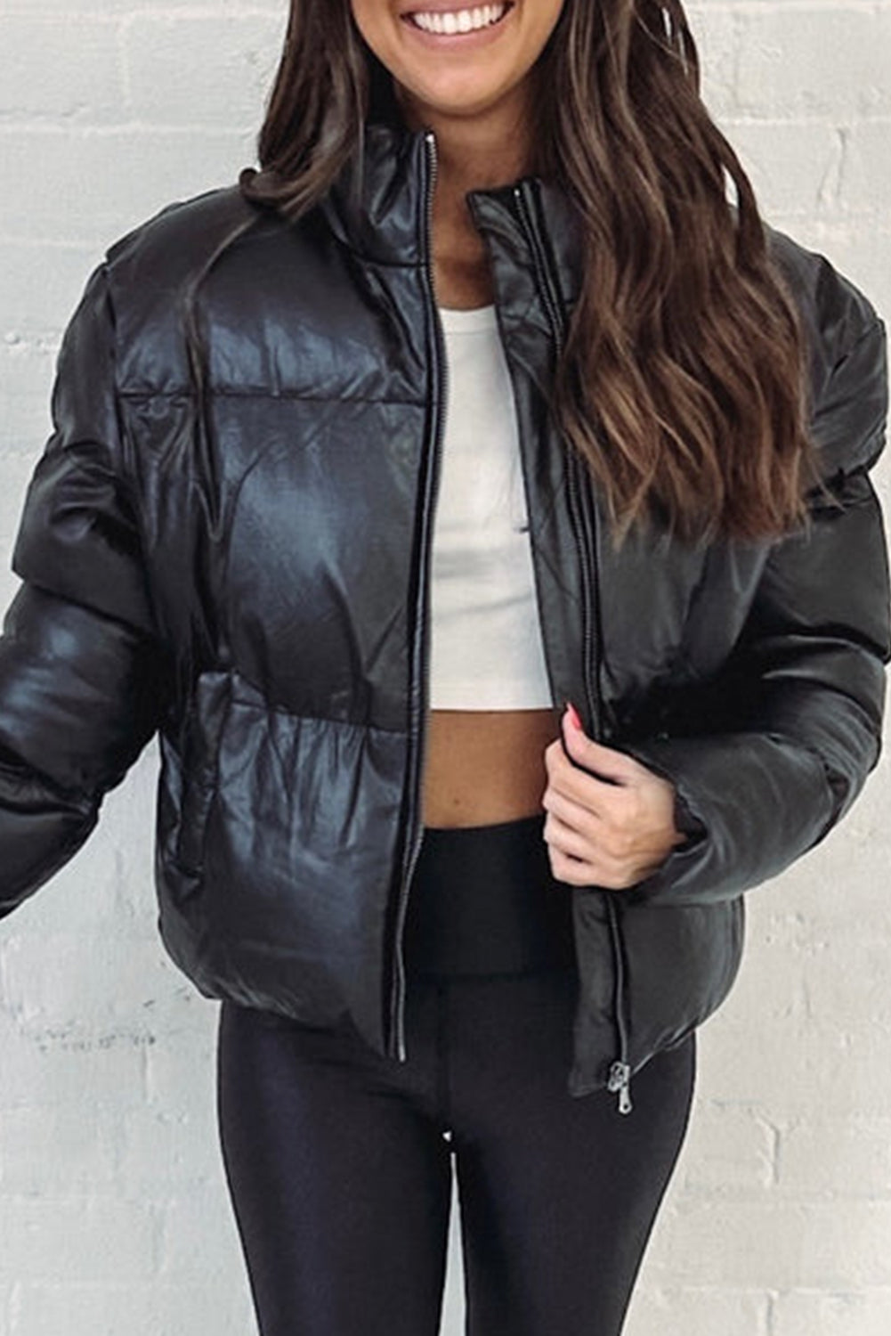 Black Faux Leather Snap Button Collared Patched Pocket Jacket