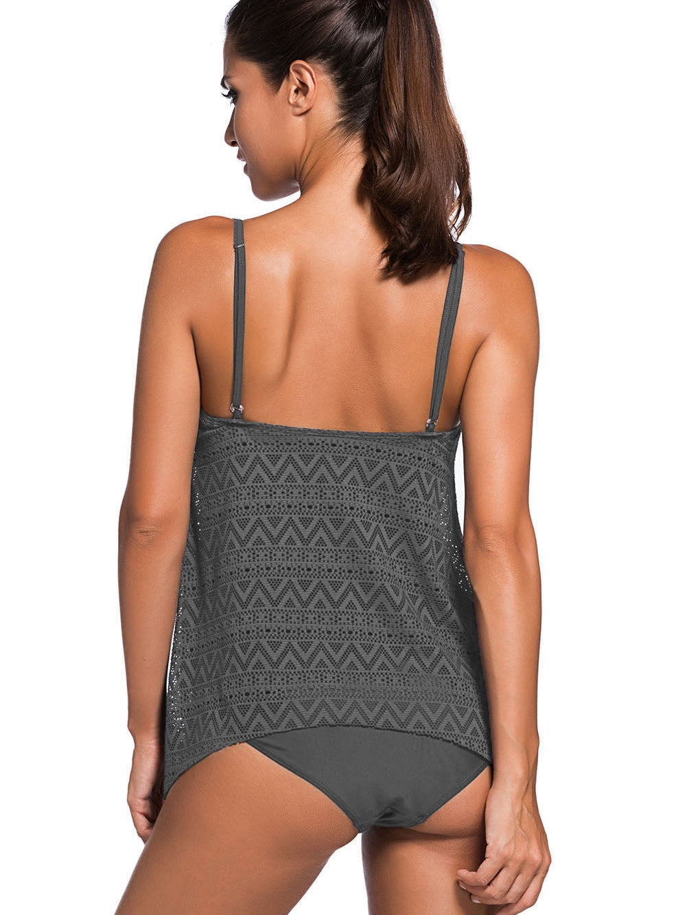 Lace Layered Grey Tankini with Adjustable Straps