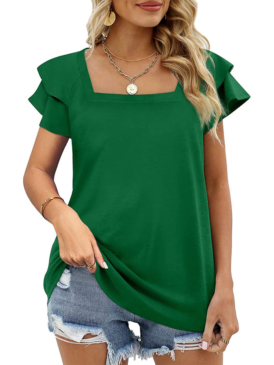 T-Shirts - Solid Color Square Neck Double Layer Petal Sleeve T-Shirt - MsDressly