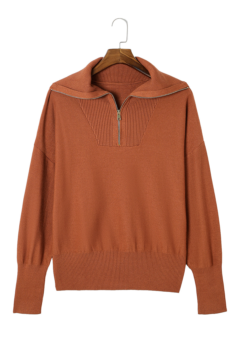 Cozy Brown Zip-Up Collar Plus Size Sweater with Ribbed Detail