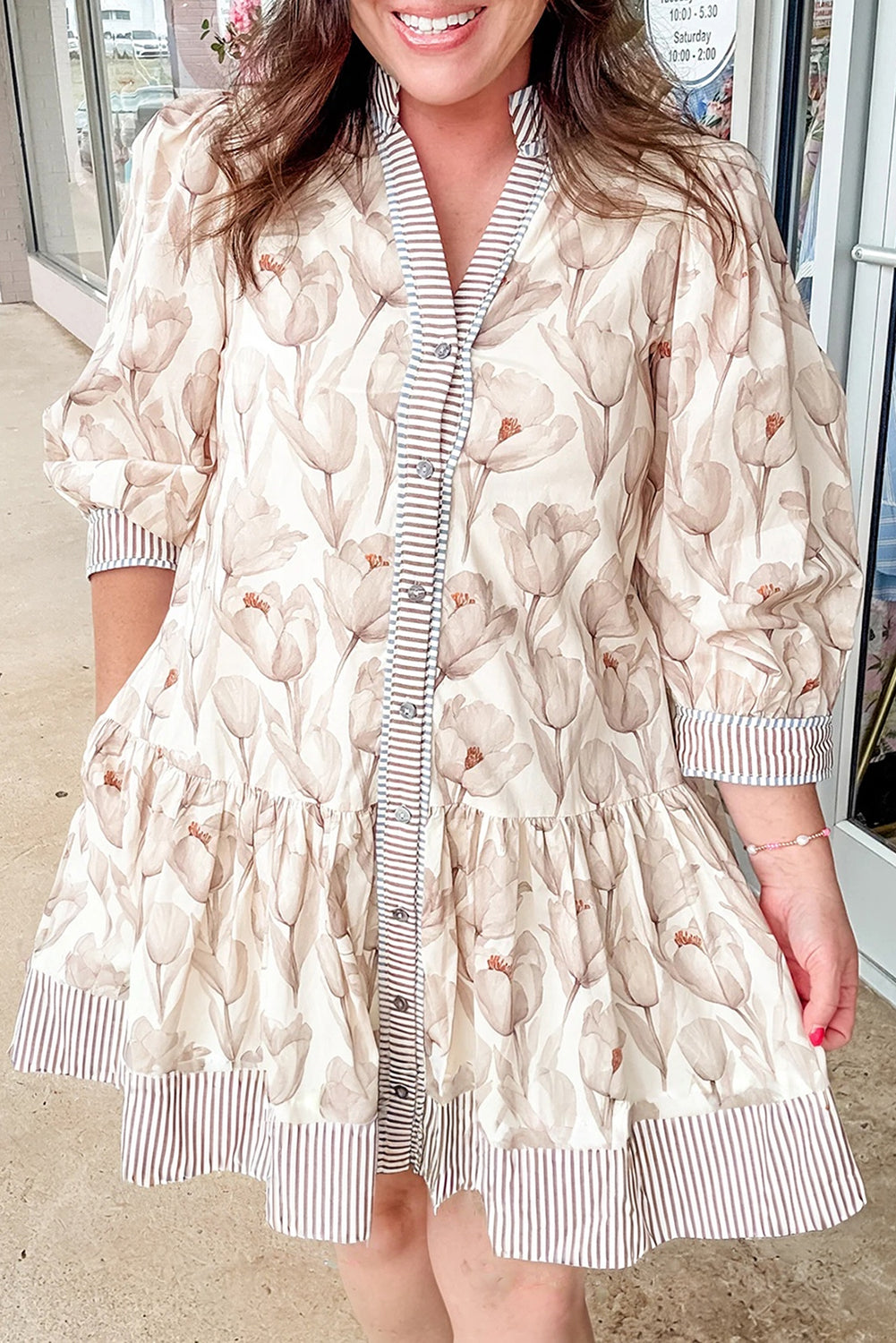 Khaki Plus Size Floral Print Striped Trim Patchwork Button Down A-line Dress