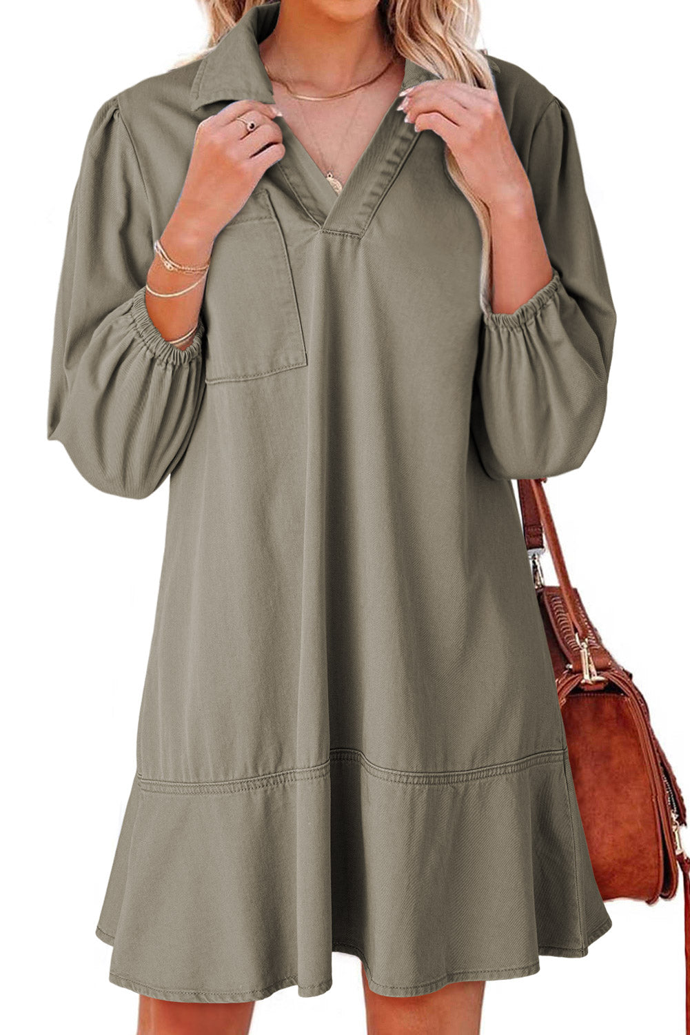 Vineyard Green V Neck Collared Single Chest Pocket Long Sleeve Denim Dress