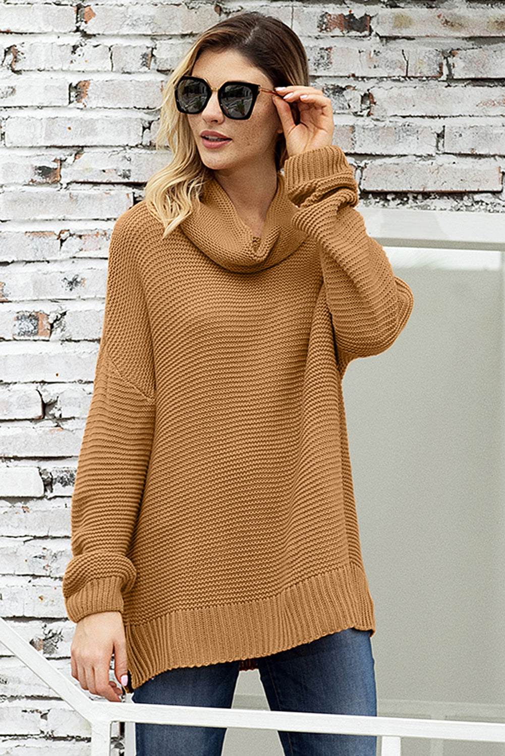Khaki Warm and Cozy Turtleneck Sweater with Long Sleeves