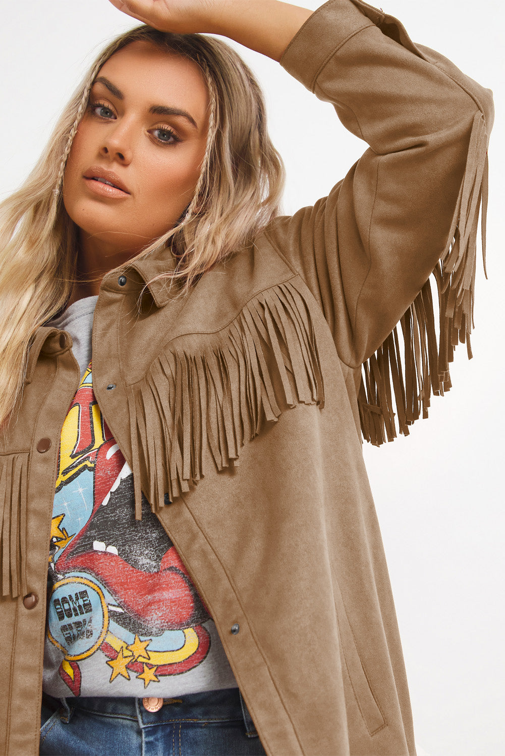 Khaki Suede Shacket with Fringe Detail for Plus Size Women