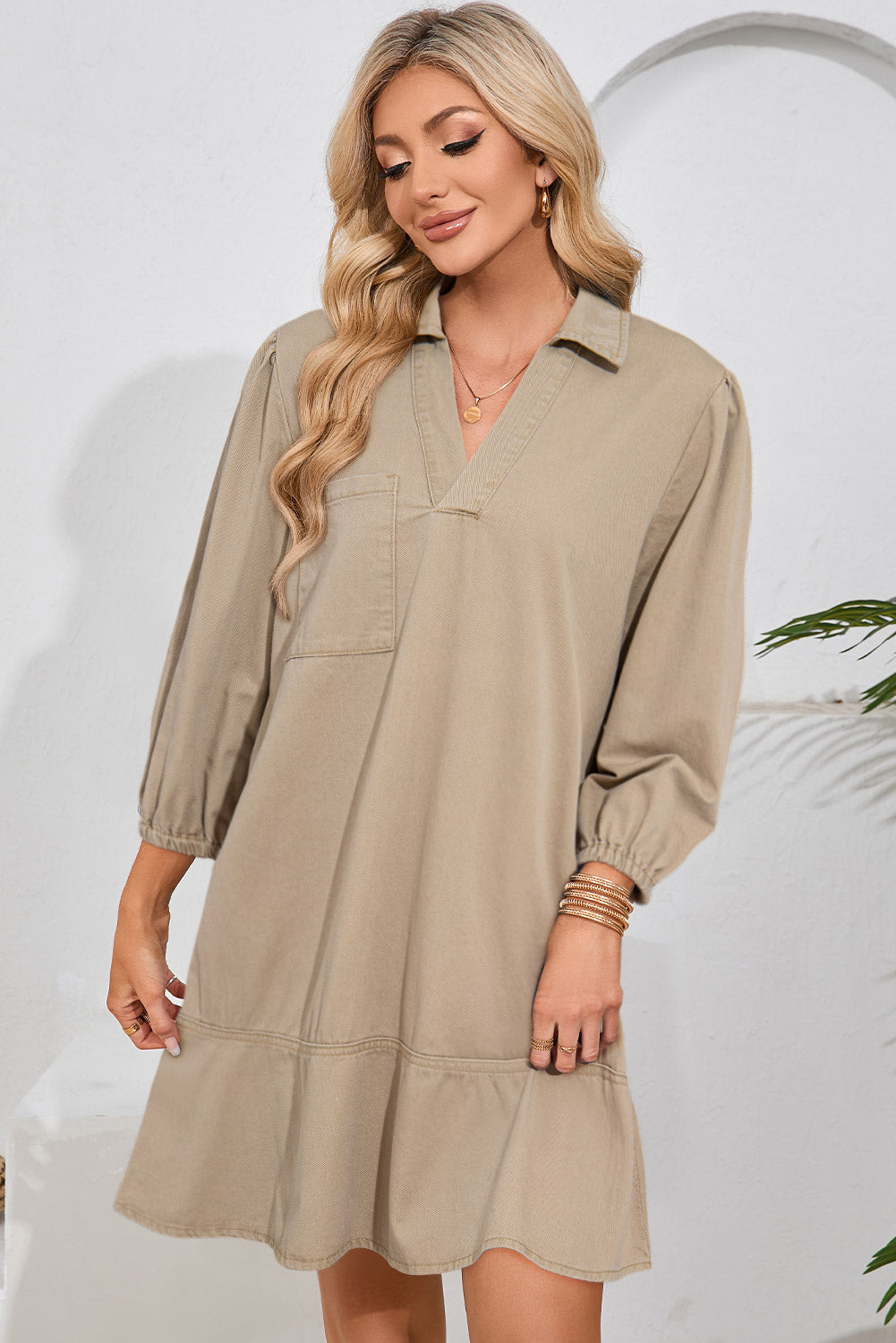 Khaki V Neck Collared Single Chest Pocket Long Sleeve Denim Dress