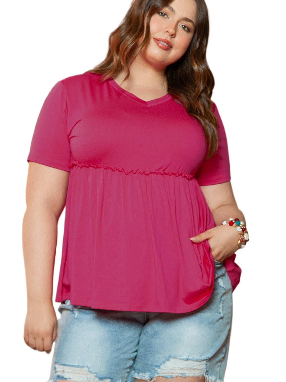 Elegant Rose Red Plus Size V-Neck Babydoll Top