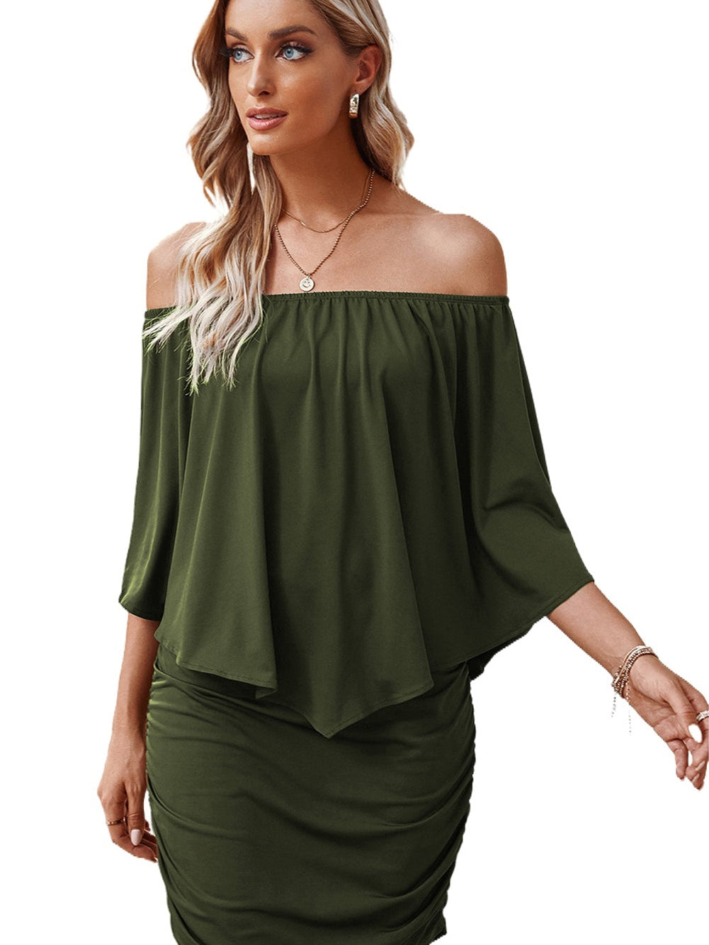 Layered Army Green Ruffle Poncho Mini Dress
