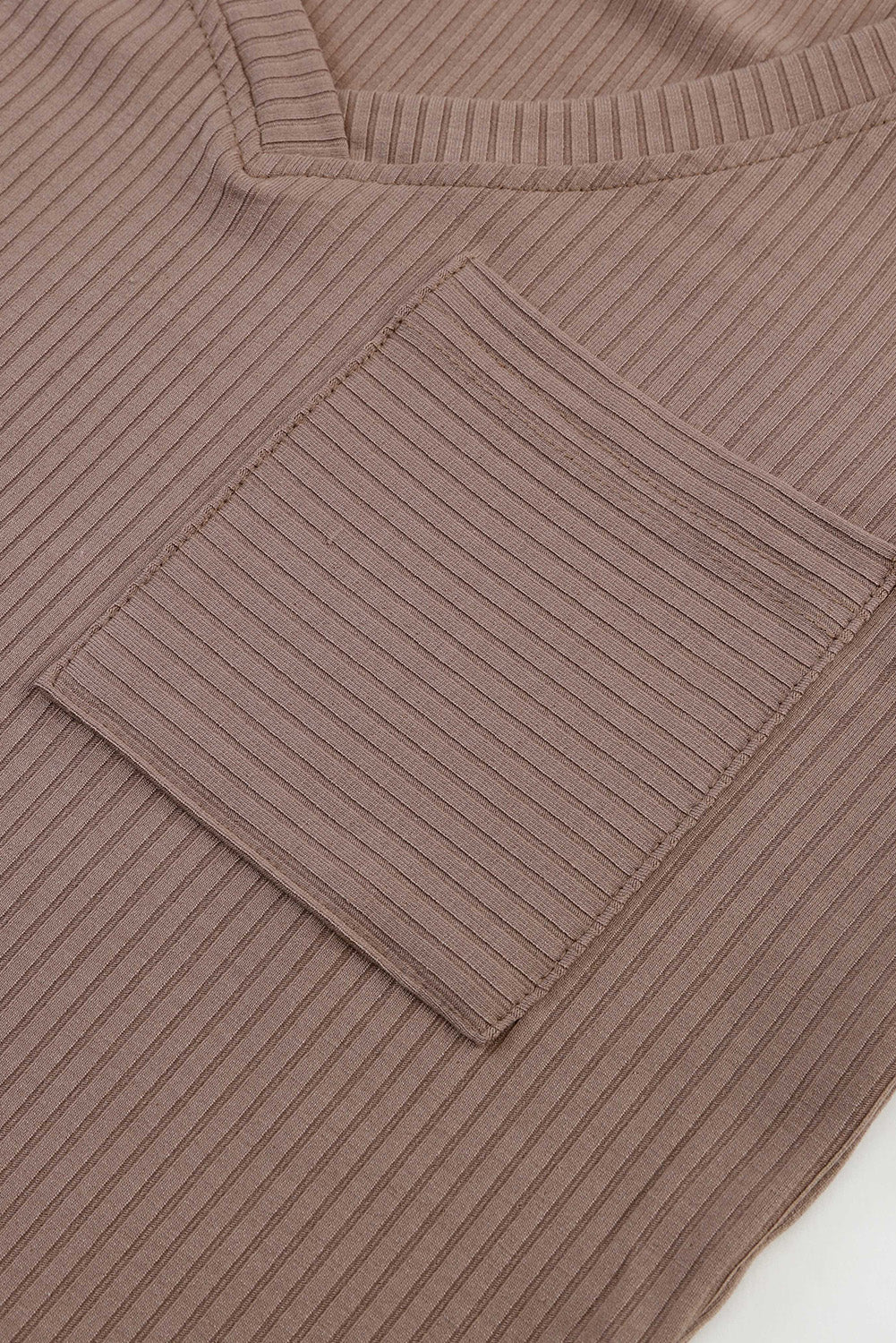 Khaki Ribbed V Neck Top with Chest Pocket