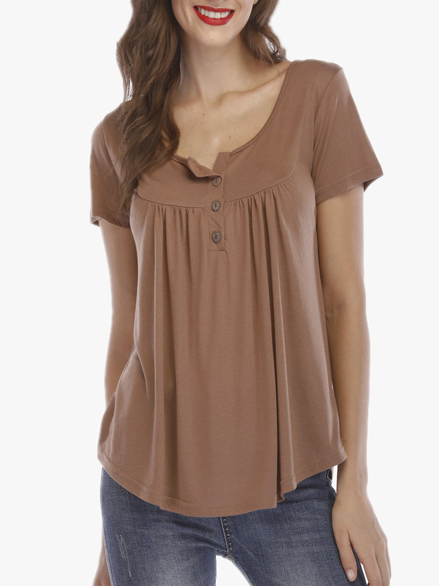 T-Shirts - Trade Pleated Button Loose Short-Sleeved T-Shirt - MsDressly