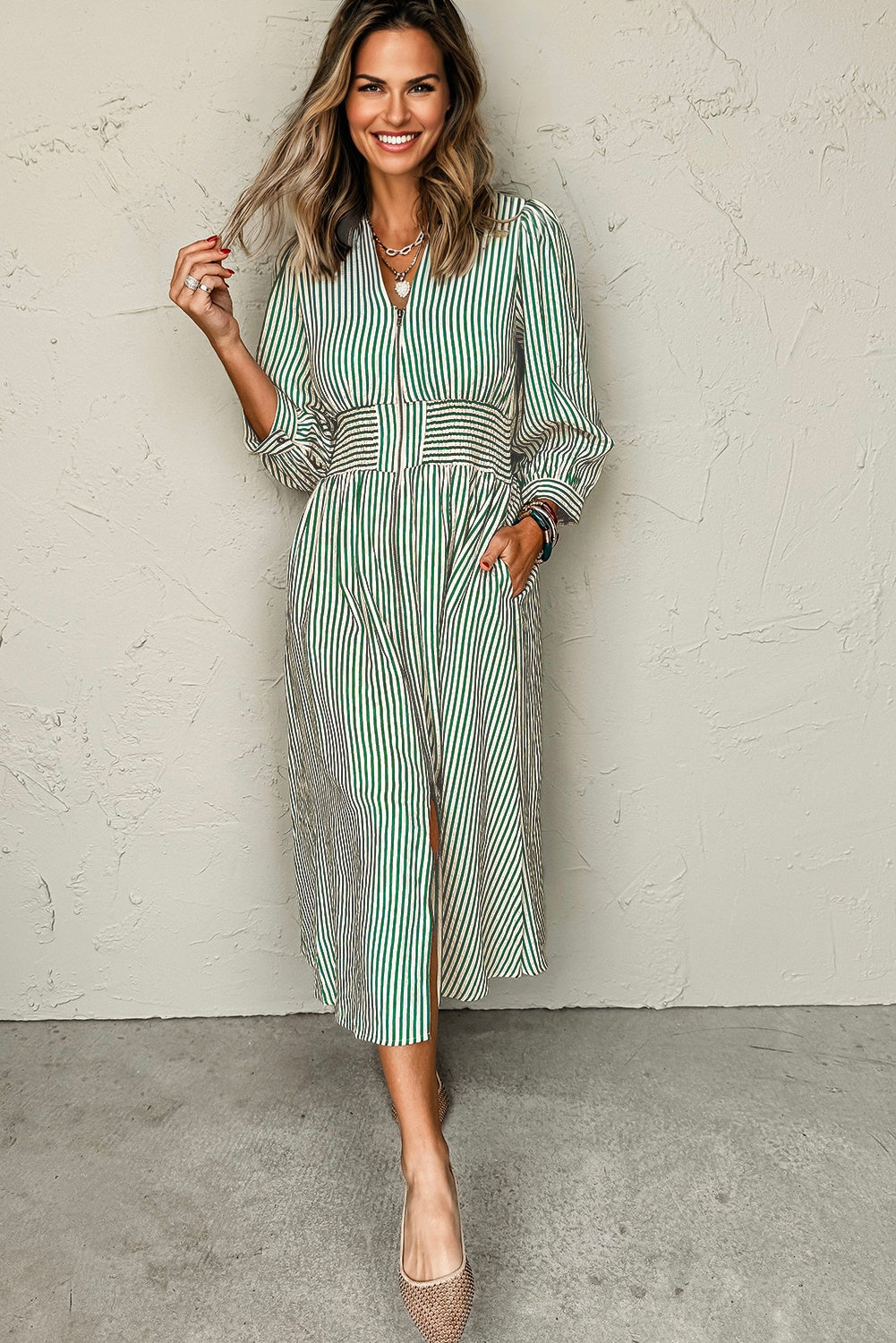 green stripe midi dress