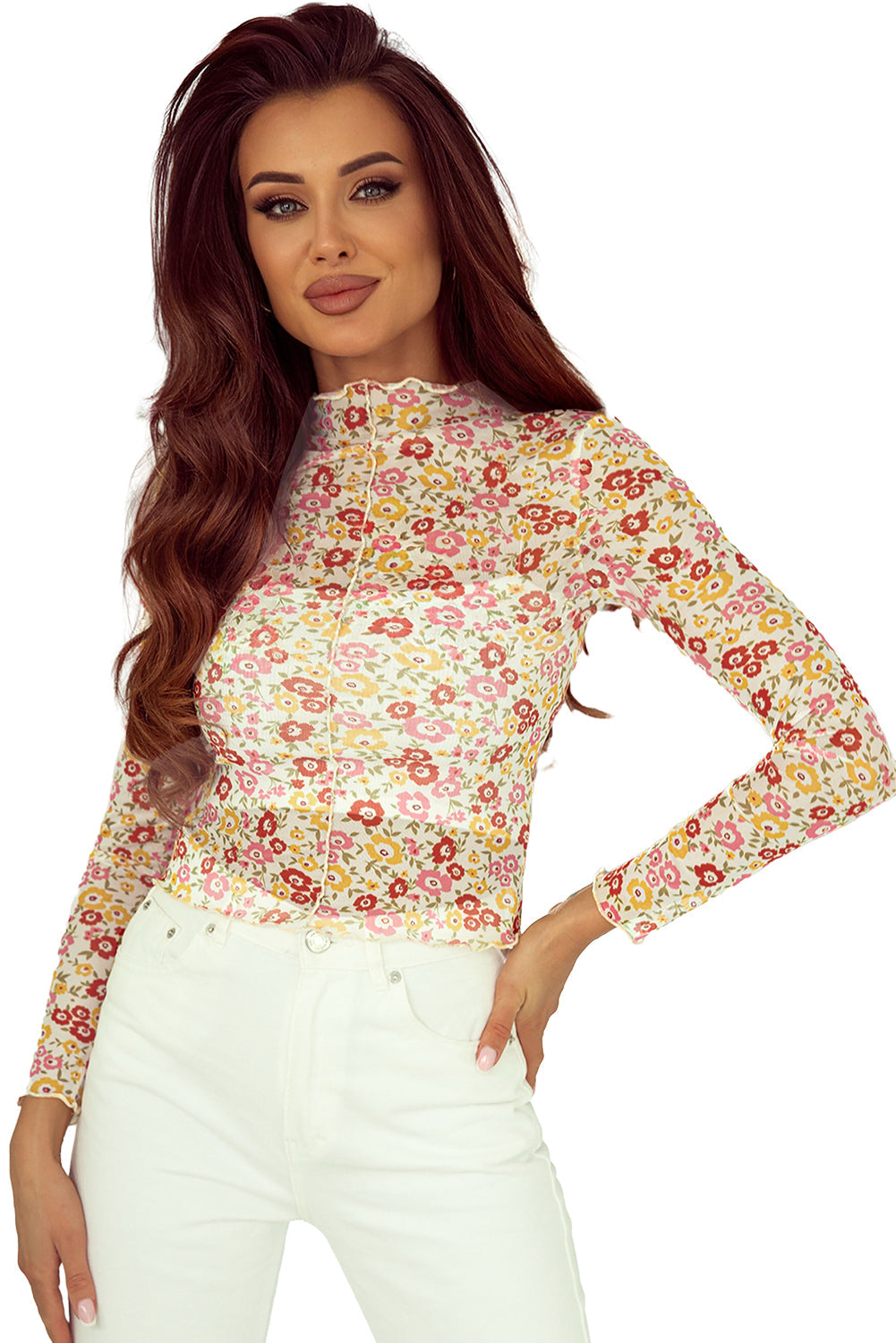 Floral Print Lettuce Hem Long Sleeve Top with Multicolor Design