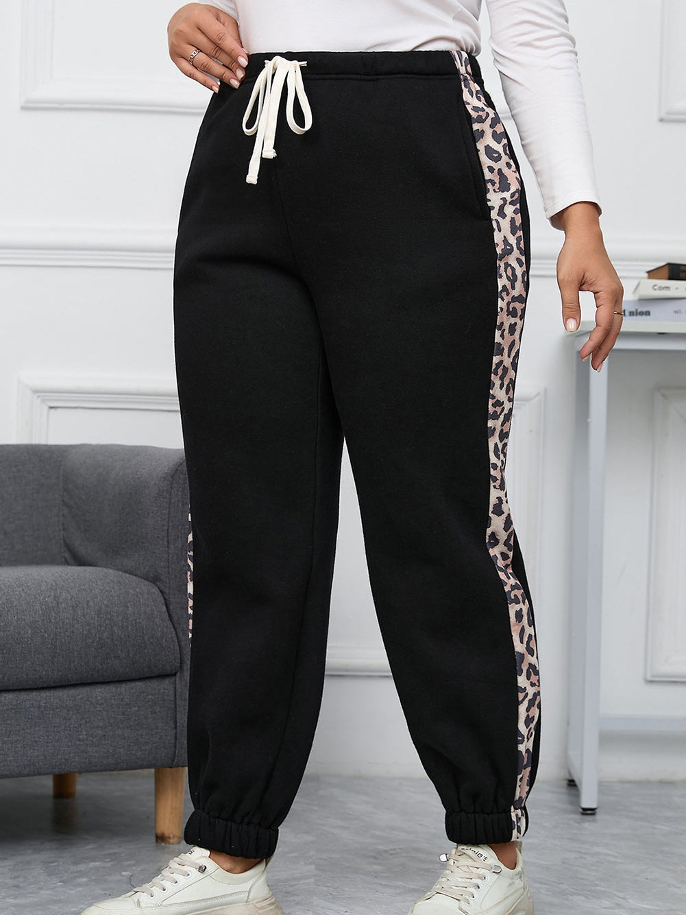 Leopard Patchwork High Waist Joggers for Plus Size Women