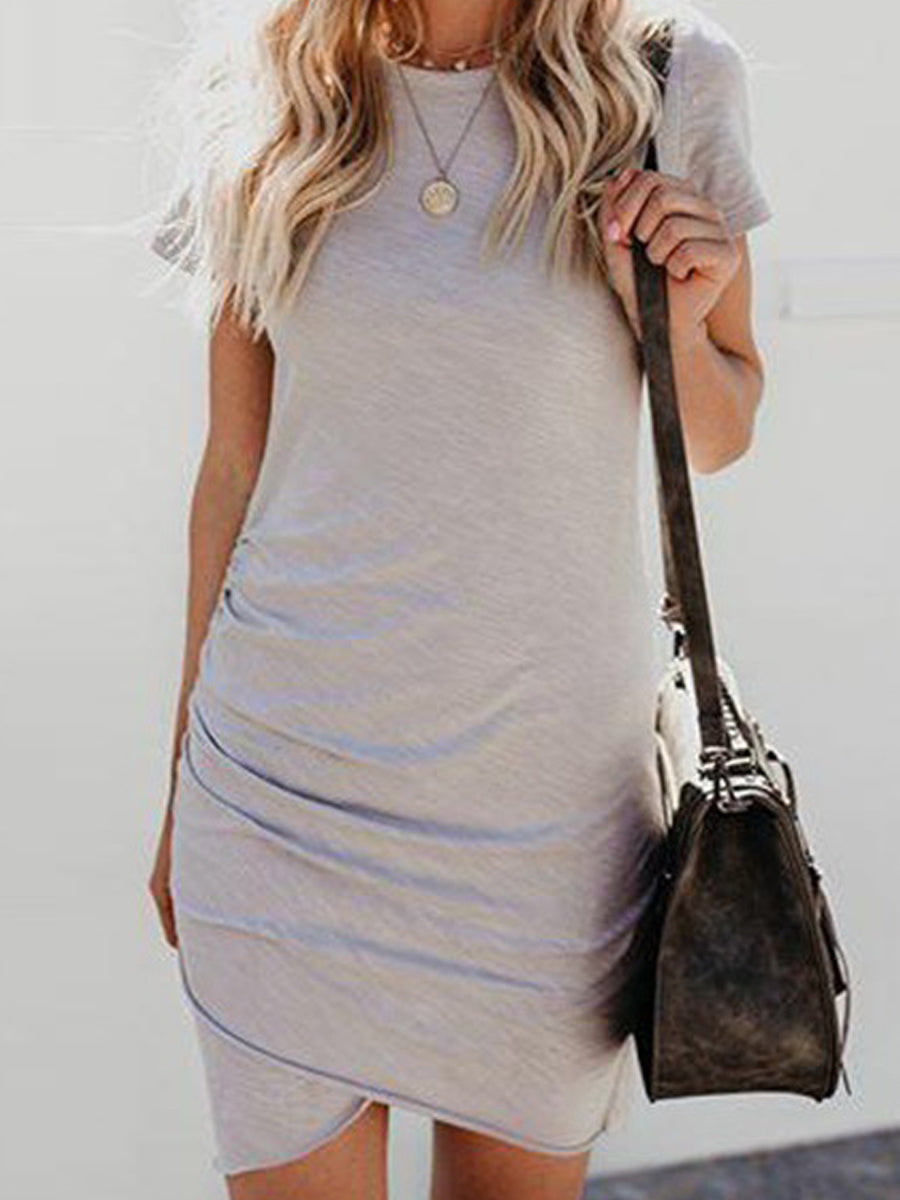 Mini Dresses - Casual Beach Crew Neck Short Sleeve Wrap Party Ruched Bodycon Mini Dress - MsDressly