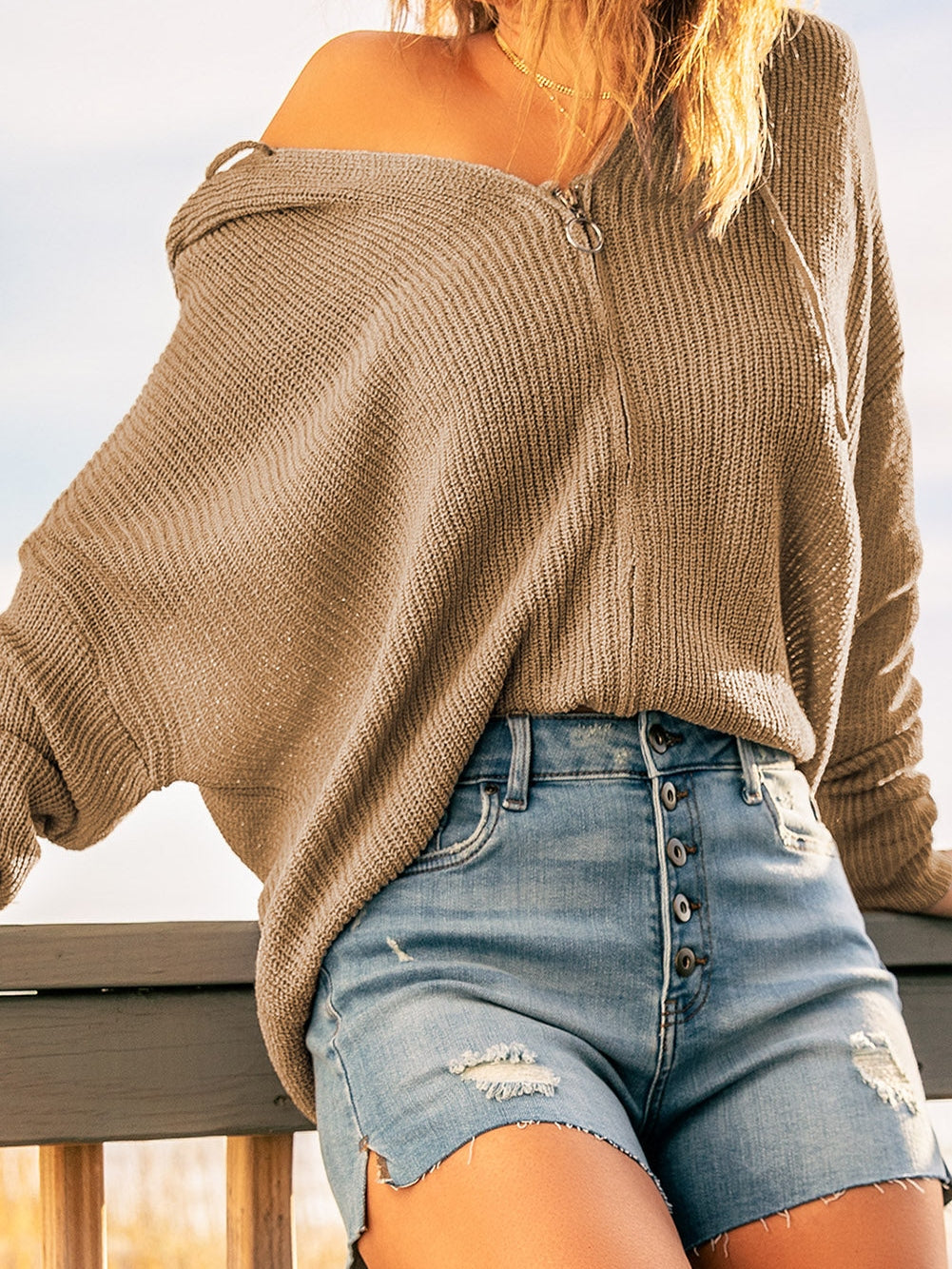 Khaki Hooded V-neck Zip-Up Solid Sweater with Dropped Sleeves