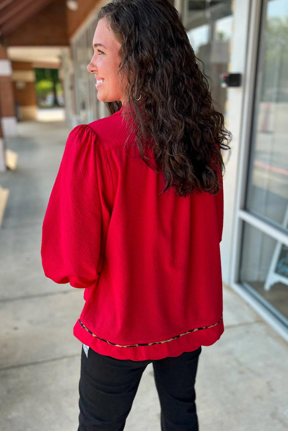 Fiery Red Collar V Neck Leopard Contrasted Trim Long Sleeve Blouse
