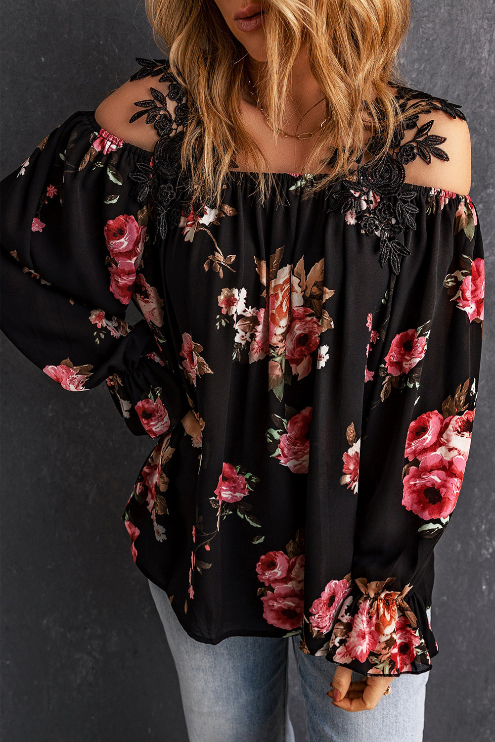 Casual Feather Print Off Shoulder Strap Blouse
