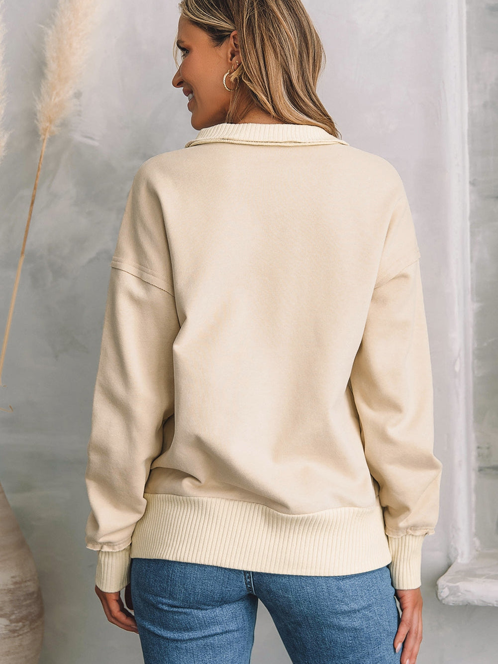 Khaki V-Neck Snap Button Sweatshirt with Kangaroo Pocket