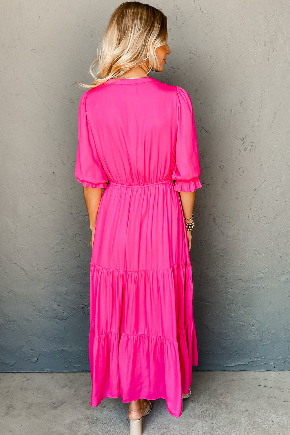 Strawberry Pink Flounce Bracelet Sleeve V Neck Tiered Maxi Dress