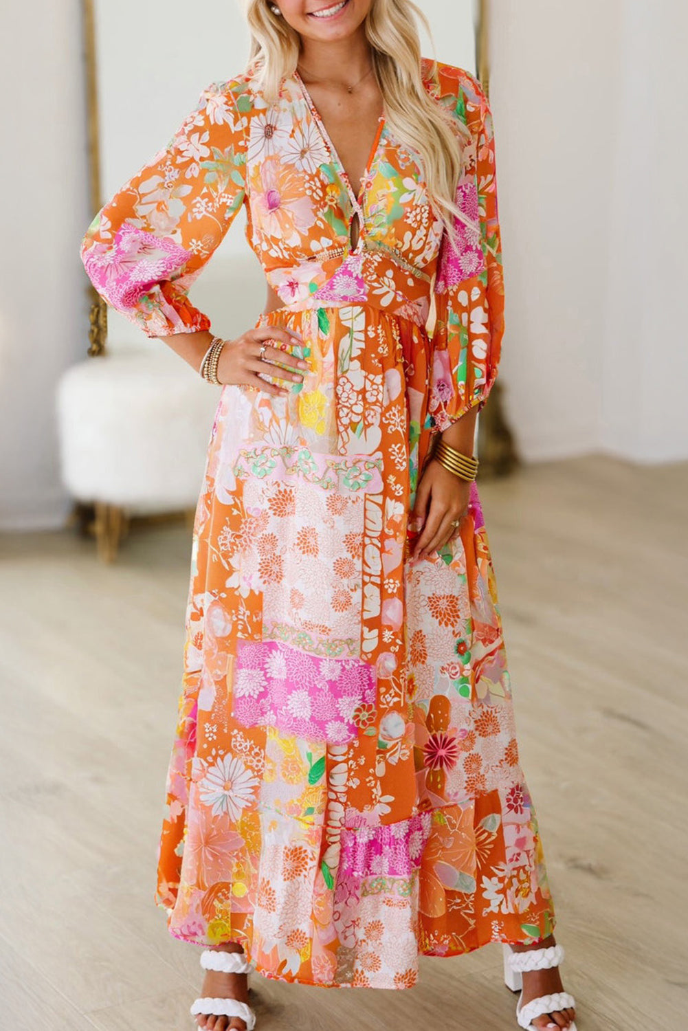 Orange Floral Patchwork Print Cut out Tied Back Bracelet Sleeve Maxi Dress