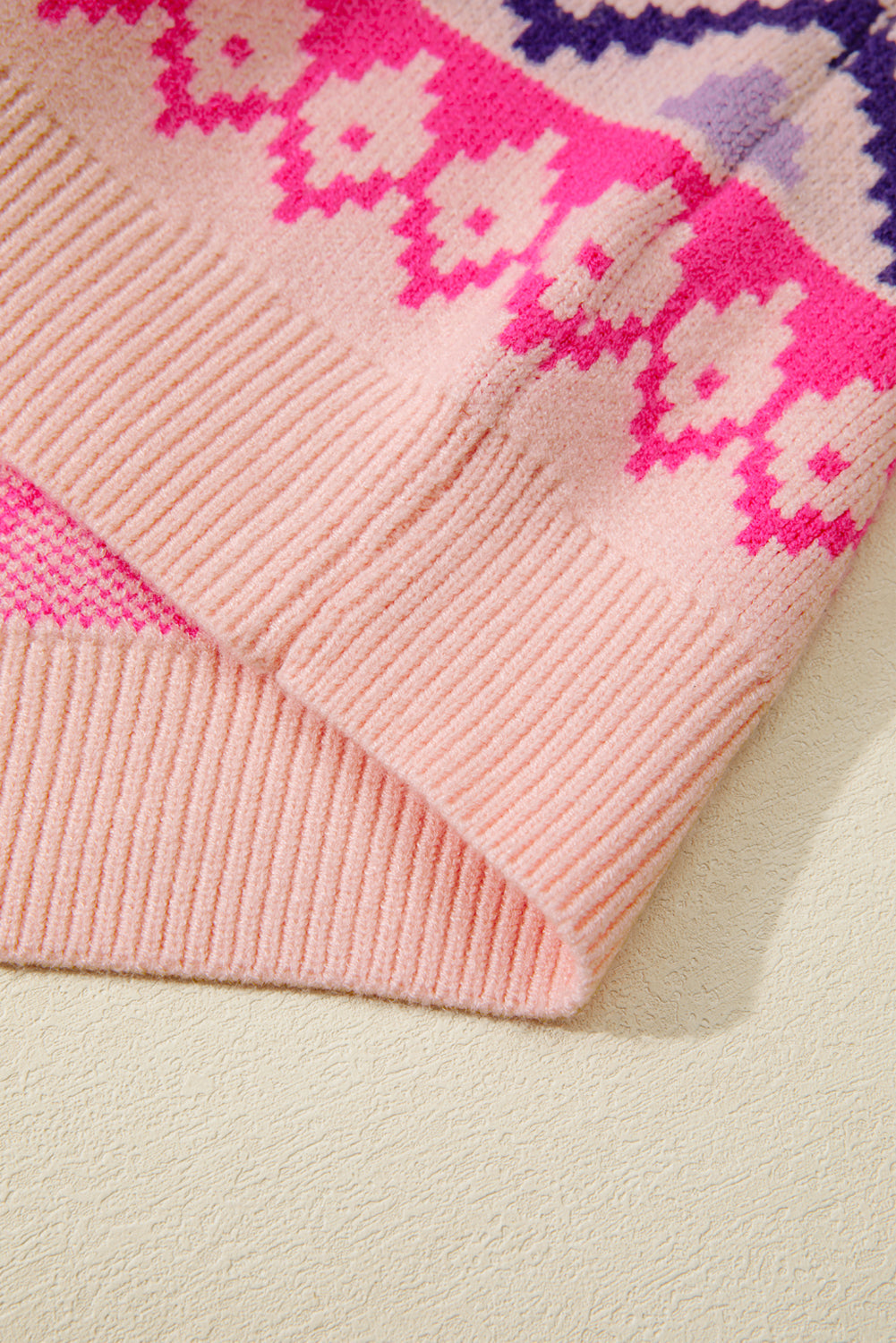 Multicolour Ethnic Christmas Pattern Knit Feather Cuffed Sweater