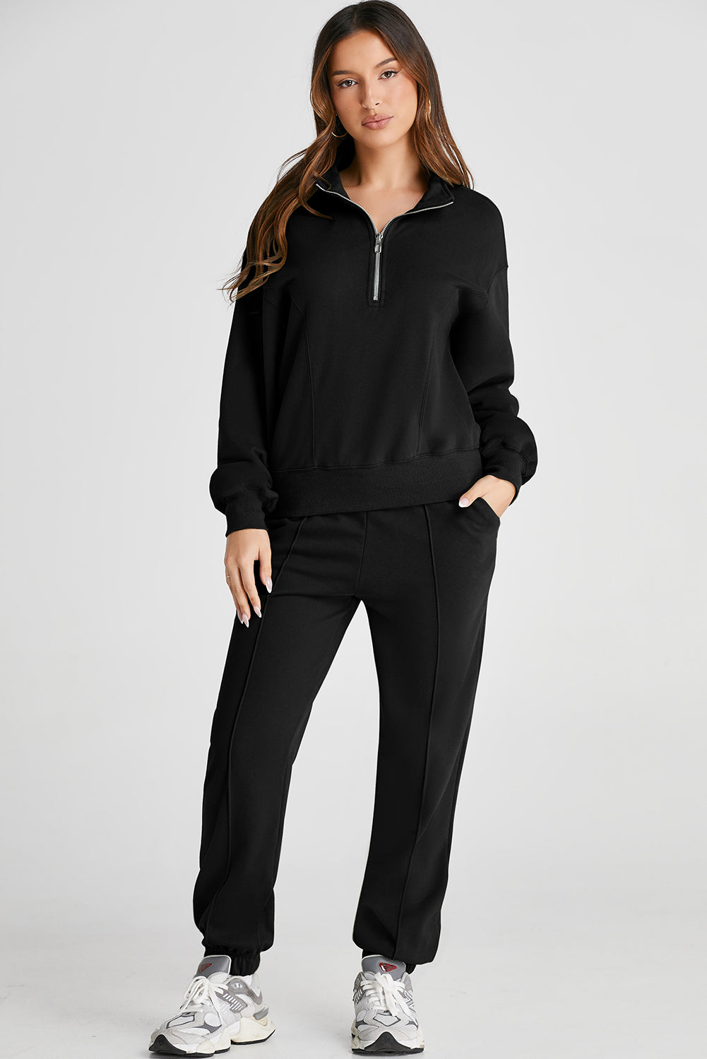 Black Half Zip up Pullover Active Top and Joggers Set