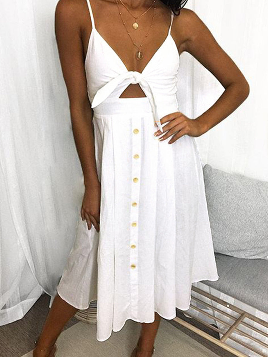 Floral V Neck Tie Spaghetti Strap Beach Midi Dress