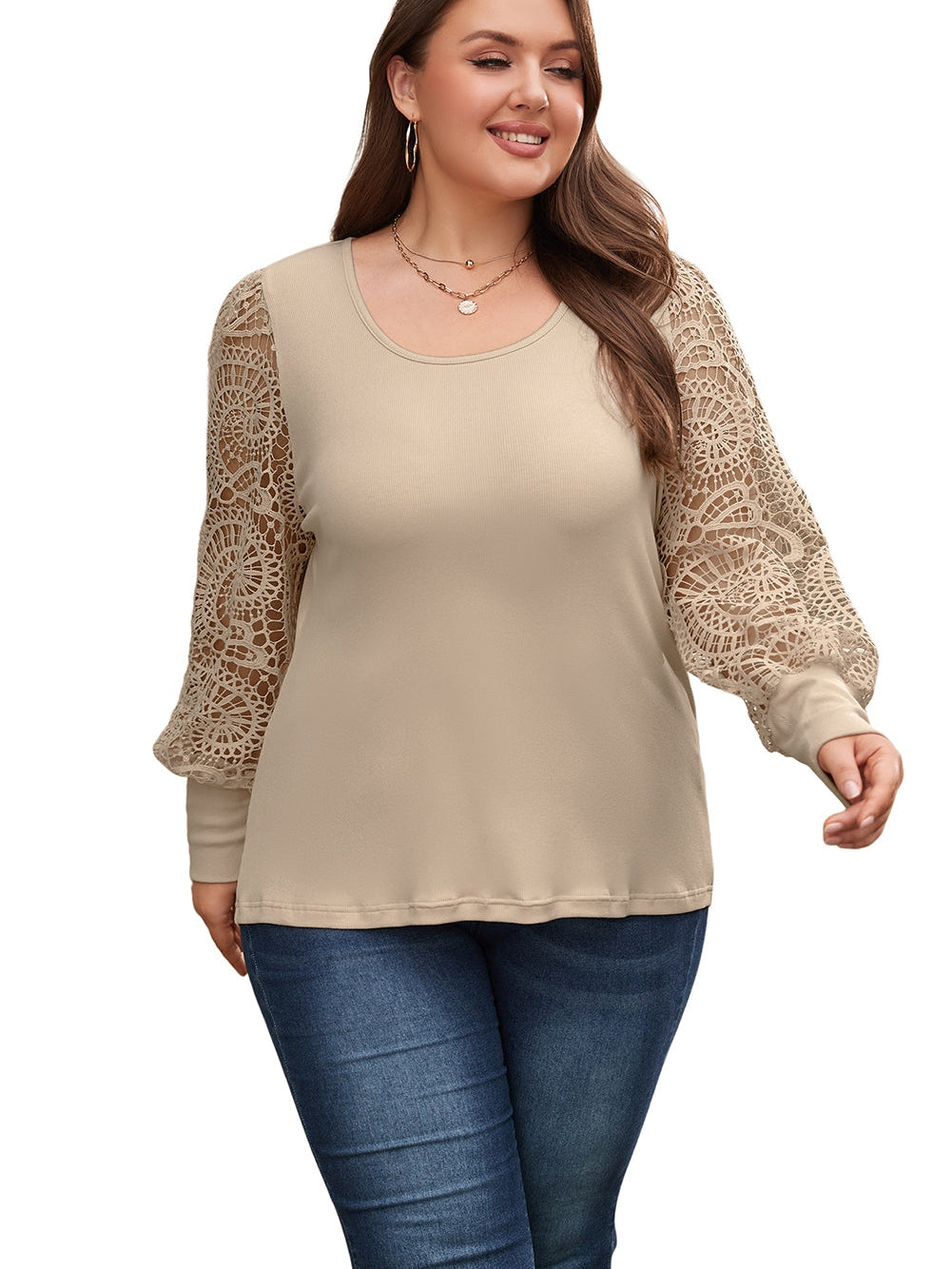 Lace Sleeve Ribbed Pullover with Square Neck