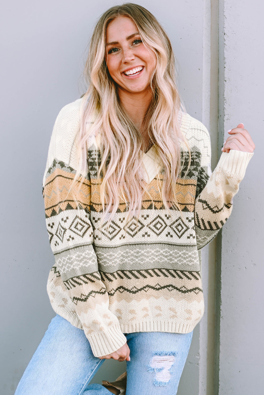 Khaki Aztec Print V Neck Sweater with Ribbed Texture