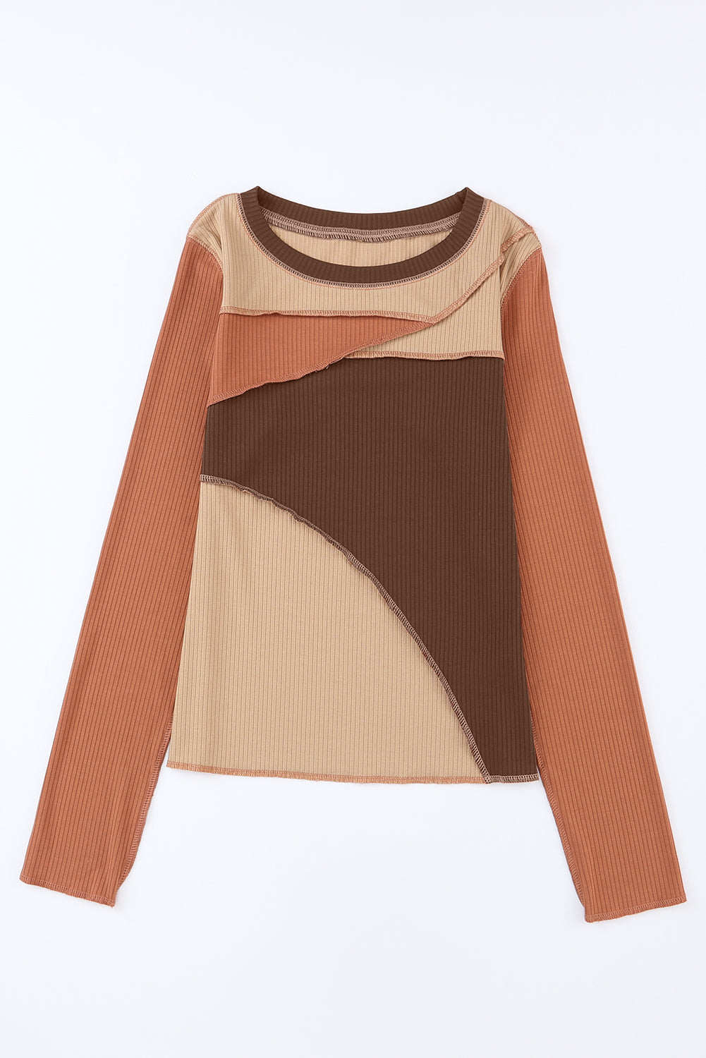 Knit Top with Exposed Seam Detail in Brown Color Block
