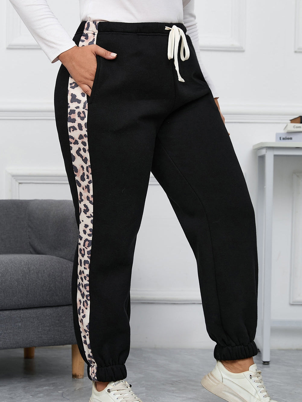 Leopard Patchwork High Waist Joggers for Plus Size Women